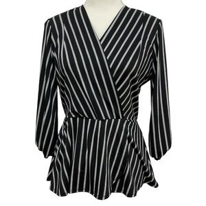 FAITH & JOY Blouse Black White Striped Top Size Medium 3/4 Sleeves V-Neck